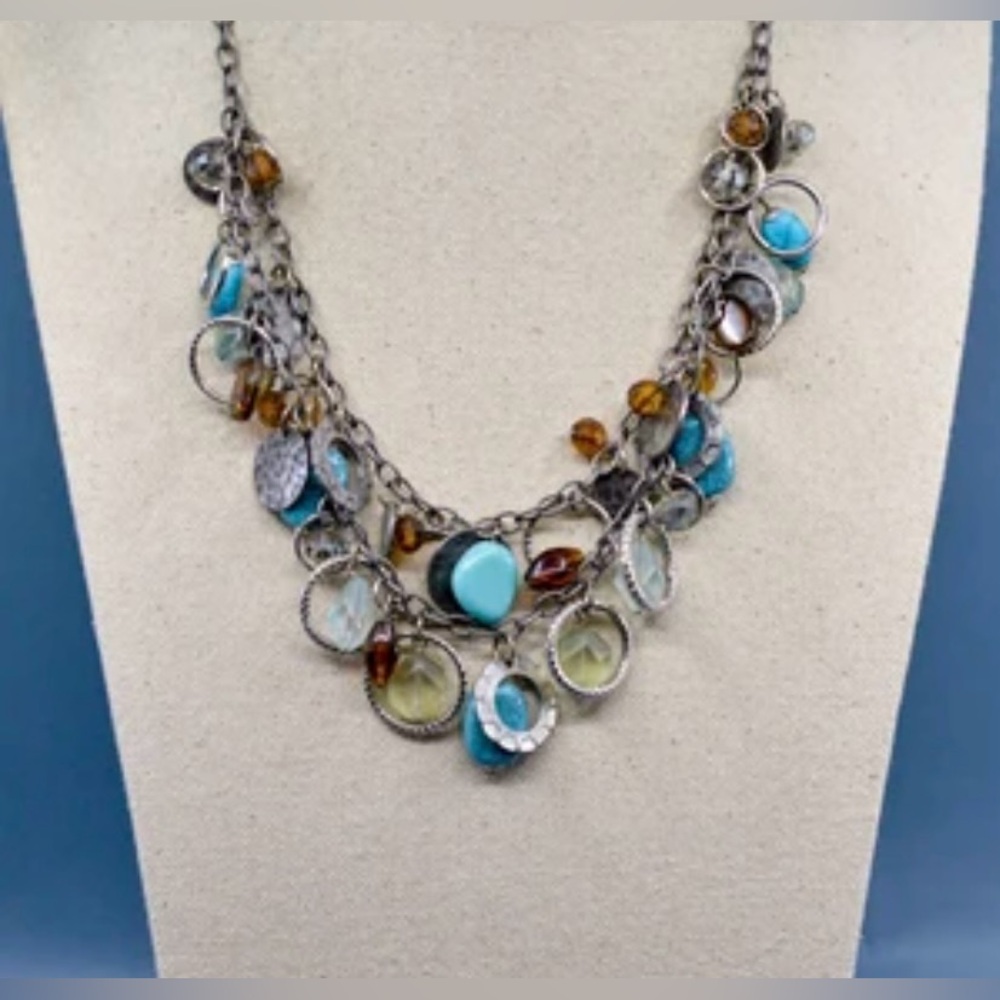 Premier Designs Boho Mix Beads 2 Strand Necklace Faux Turquoise Silvertone